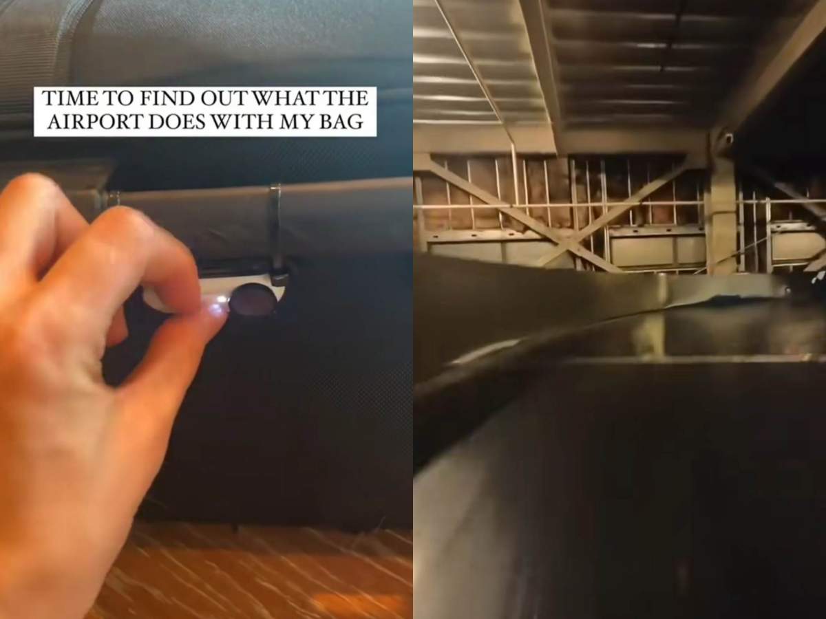 Imaginile au devenit virale și au fost urmărite de aproape 1.4 milioane de oameni pe TikTok. un bagaj cu cameră de filmat care este verificat de securitate la aeroport