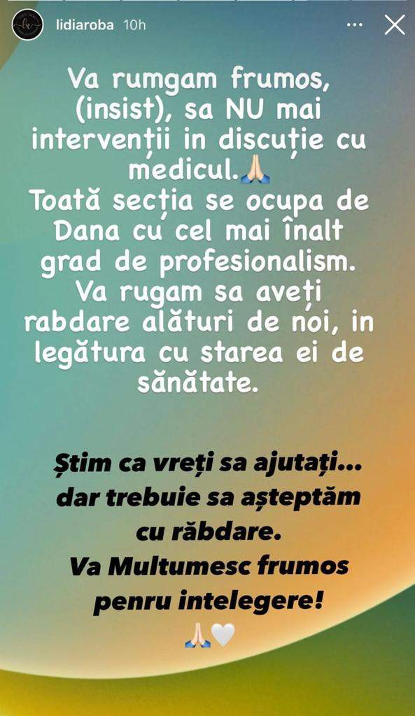 Sora Danei Roba, un nou mesaj de ultim moment! Care este starea de sănătate a vedetei: "Toată secția se ocupă..."