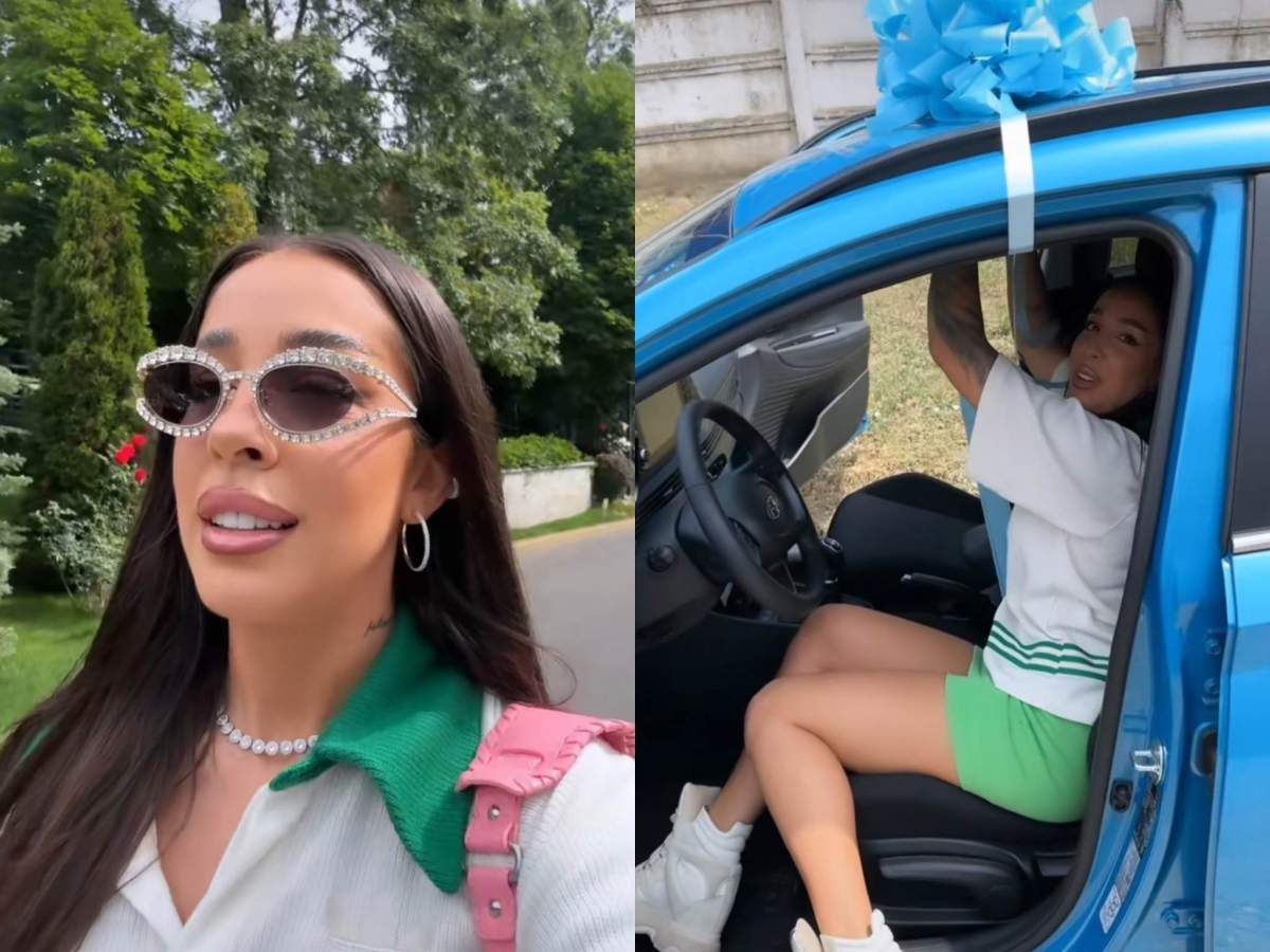 Cristina Ștefania i-a dus tatălui ei o mașină acasă cu o fundiță albastră. Cristina Ștefania și mașina cadou.