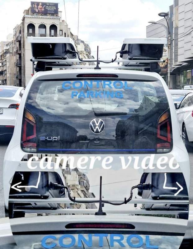 Maşină albă cu camere de la Control Parking, surprinsă în trafic. Autoturismul se plimbă prin Bucureşti şi verifică şoferii dacă au plătit parcarea