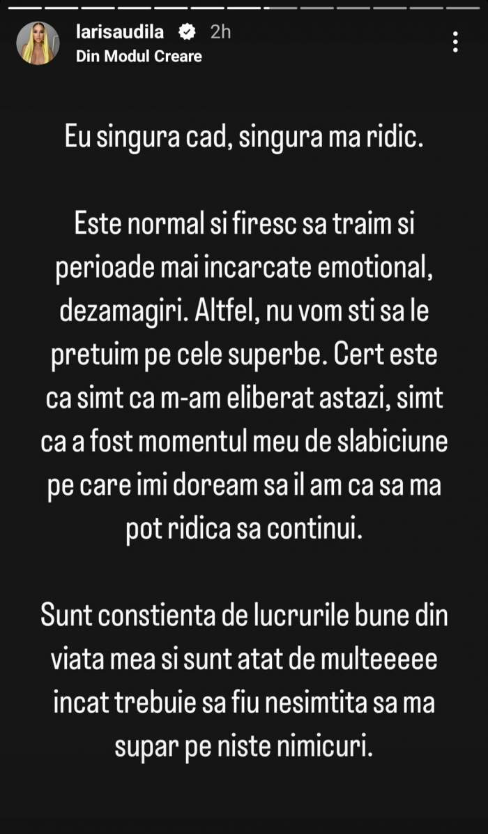 „Am eșuat astăzi...” Larisa Udilă, postare îngrijorătoare. Ce a pățit vedeta / FOTO