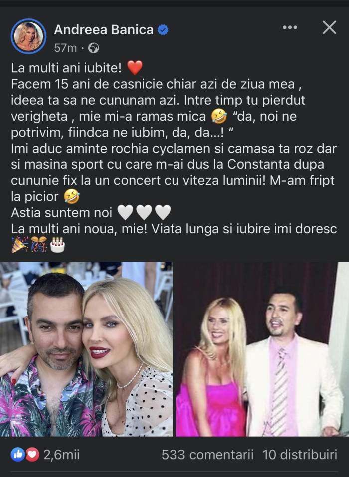 Andreea Bănică, dublă sărbătoare! Astăzi, artista își aniversează ziua de naștere, dar și împlinirea a 15 ani de căsnicie: "Îmi aduc aminte..." / FOTO
