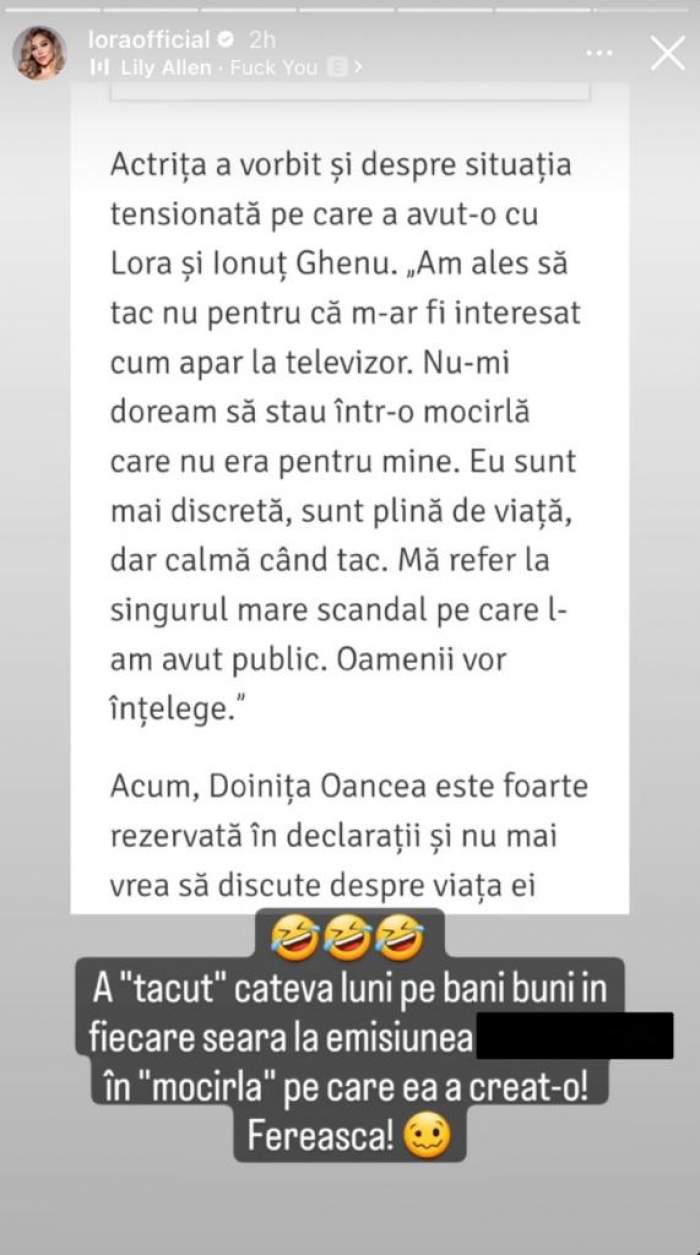 Lora, înțepătură pentru Doinița Oancea! Scandalul dintre cele două continuă: "Mocirla pe care ea a creat-o..."