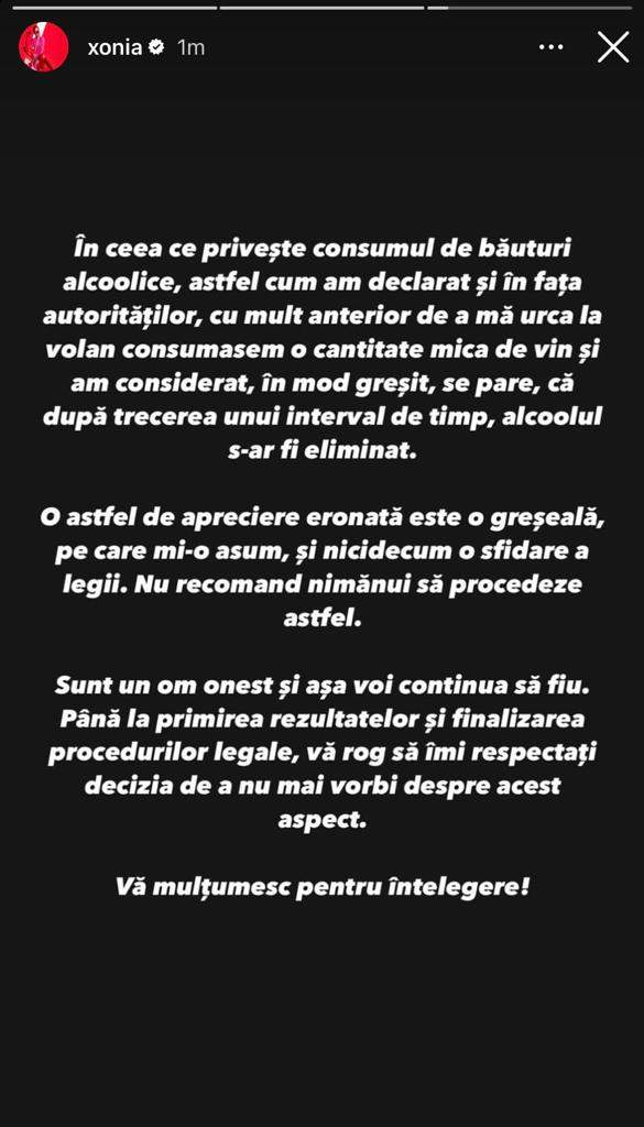 Xonia, primele declarații după ce a fost prinsă băută și drogată la volan. Artista neagă acuzațiile aduse: "Sunt un om onest…”