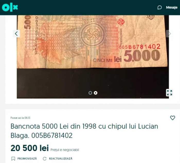 Bancnota care se vinde cu suma de 20.500 de lei pe OLX. Mulți colecționari o au în casă / FOTO