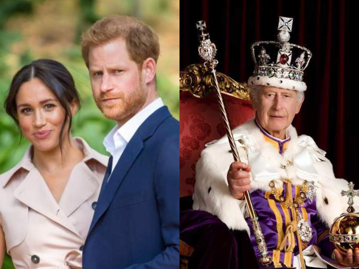 Colaj Prințul Harry și soția lui, Meghan Markle, și Regele Charles al III-lea încoronat