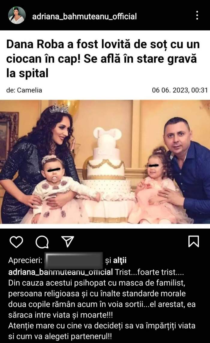 Adriana Bahmuțeanu, mesaj tranșant! A izbucnit, după ce Dana Roba a fost mutilată cu un ciocan de soțul ei: „Psihopații pot...” / FOTO