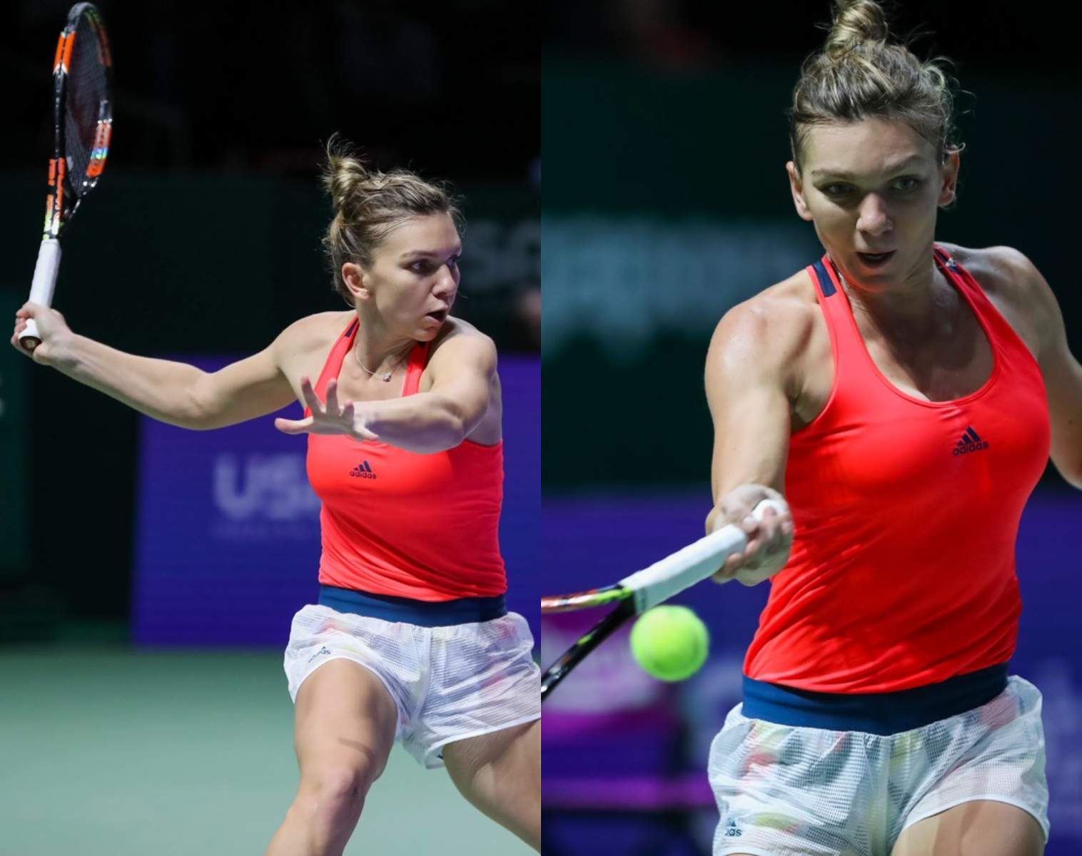 colaj din doua poze cu simona halep pe terenul de tenis