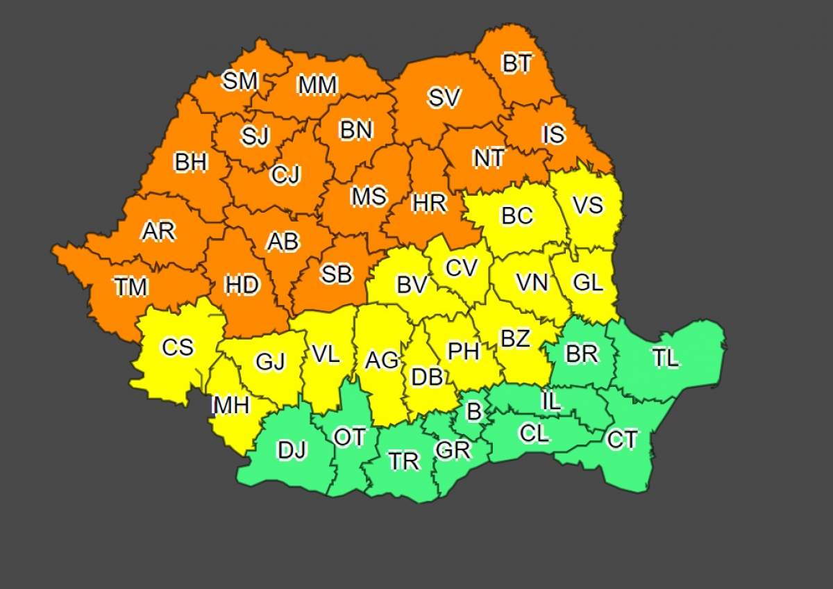 harta romaniei cu avertizare meteo cod galben si portocaliu