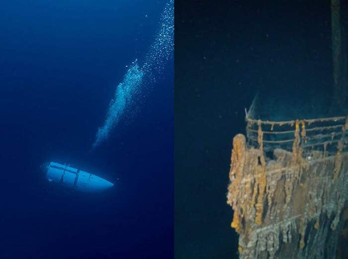 colajd in doua poze cu submersibilul titan si epava titanicului