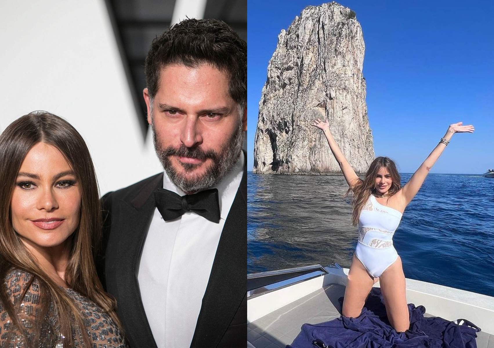 colaj din doua poze cu Sofía Vergara și soțul ei, Joe Manganiello