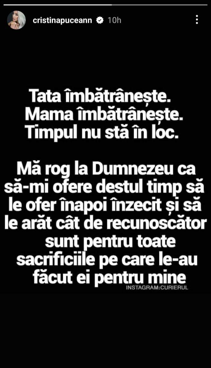 Cristina Pucean, mesaj înduioșător pentru părinții ei. Ce a postat dansatoarea: „Timpul nu stă pe loc...” / FOTO