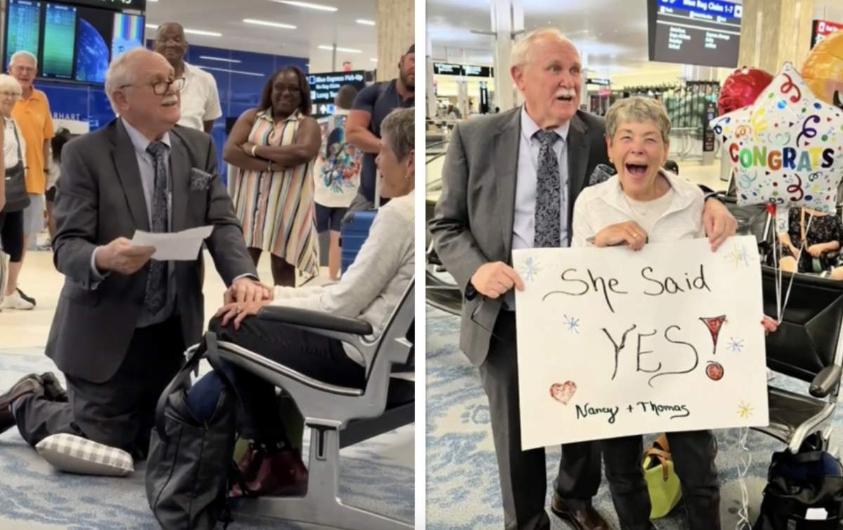 Un bărbat şi-a cerut în căsătorie iubita din liceu, pe aeroport, după 60 de ani. Momentul a devenit viral pe TikTok