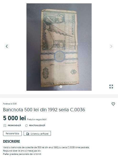 Bancnota de 500 lei care se vinde o sumă uriașă pe OLX! Cât trebuie să plătești dacă o vrei / FOTO