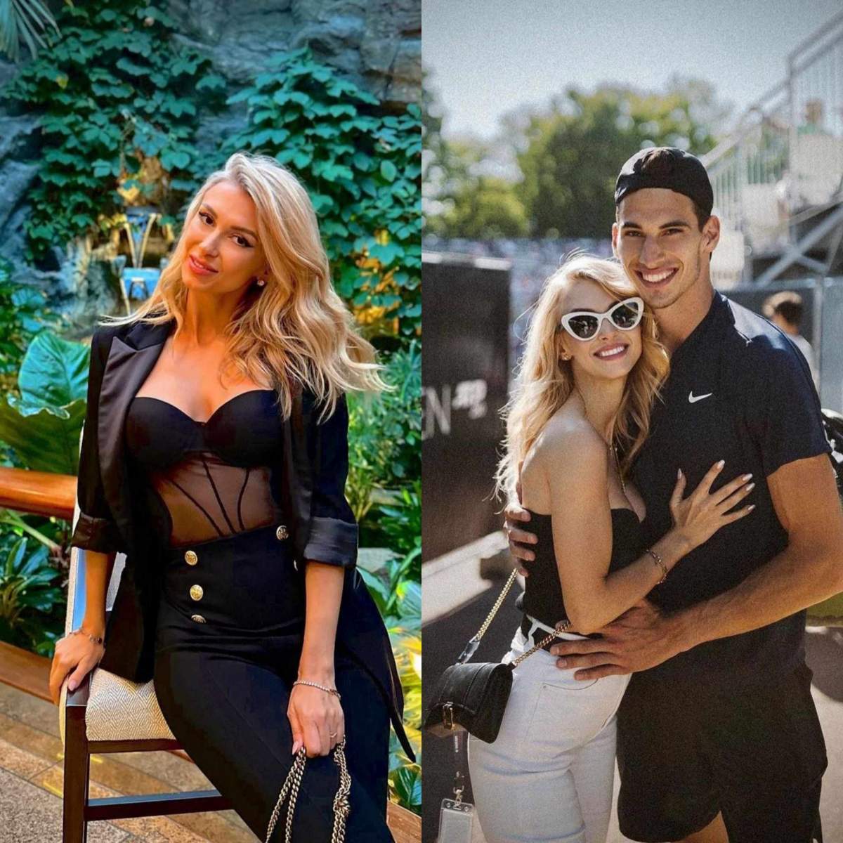 Colaj foto cu Andreea Bălan în stângă, iar tot ea și iubitul ei în dreapta, în timp ce se țin în brațe