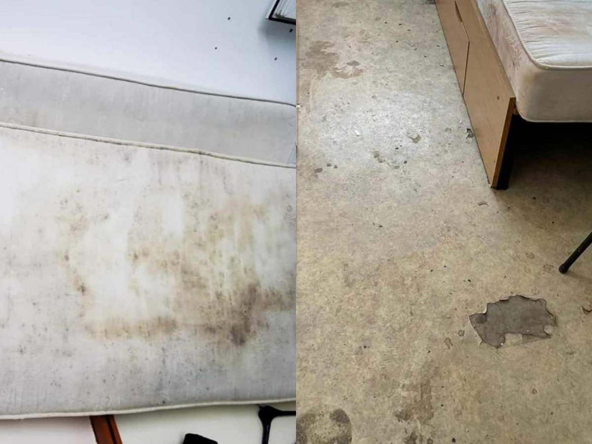 În imagini sunt căminele din Grozăvești. saltea murdară și podea stricată