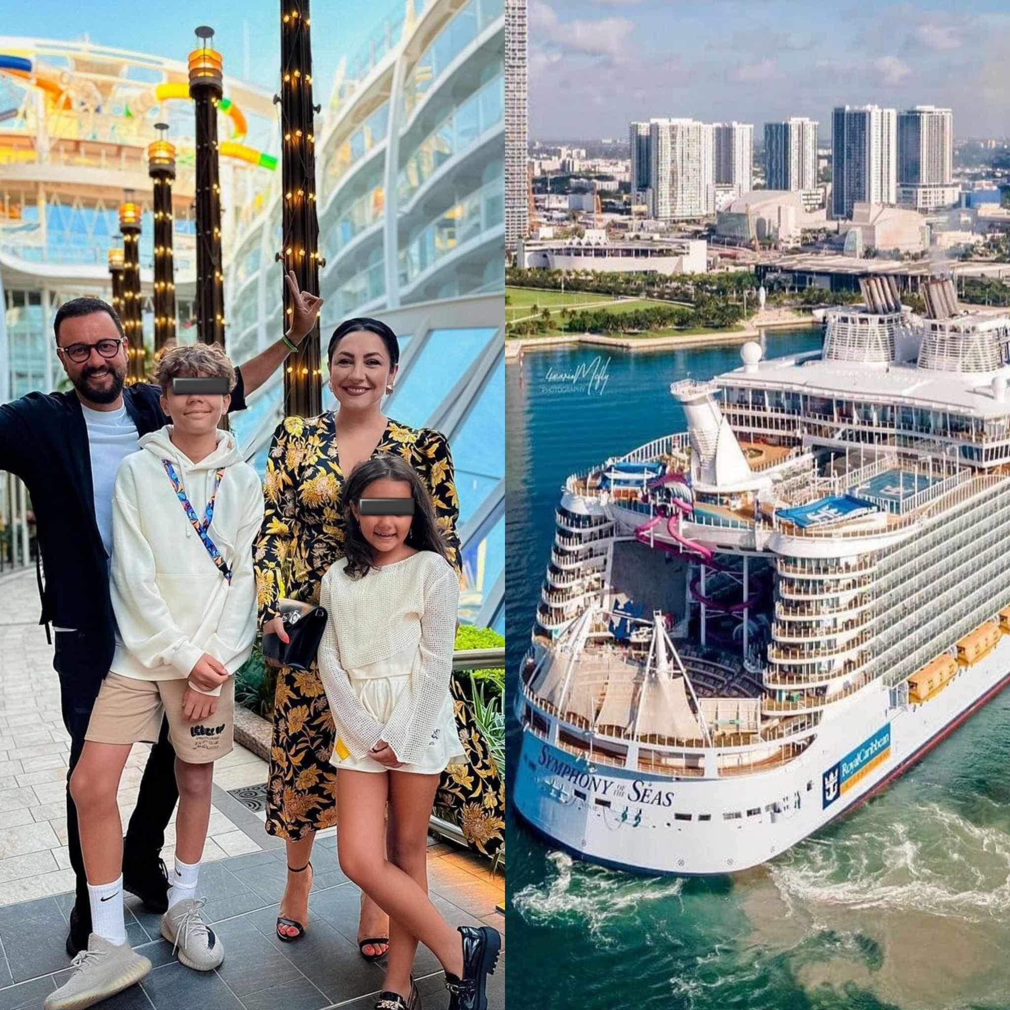 Colaj foto cu Andra Măruță și familia ei, dar și vasul de croazieră pe Symphony of the Seas