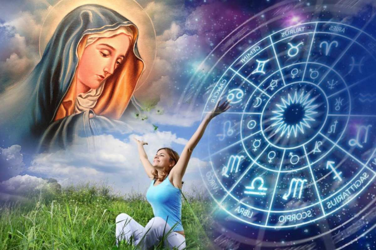 Machetă foto cu o femeie, zodiile din horoscop și Fecioara Maria