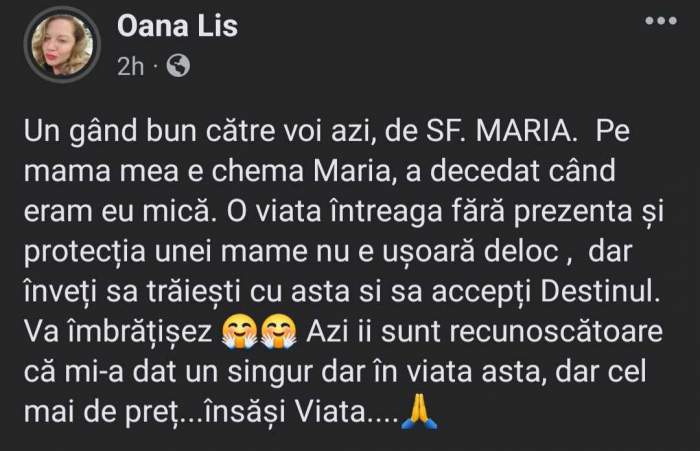 Oana Lis, foarte recunoscătoare femeii care i-a dat viață. Regretata mamă a vedetei era sărbătorită astăzi: „Mi-a dat un singur dar...” / FOTO