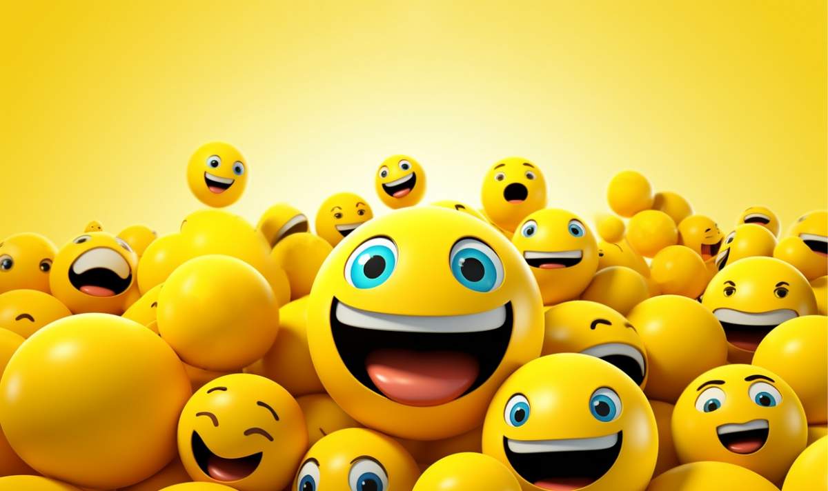 Set emoji. Fundal zâmbet cu zâmbete sau emoticoane amuzante galbene și spațiu gol pentru text, expresii faciale drăguțe