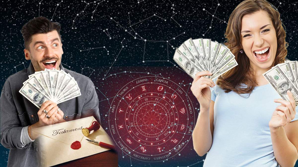Machetă foto cu zodiile din horoscop și persoane care țin mulți bani în mână