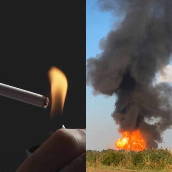 Colaj foto cu o țigară aprinsă și explozia de la stația GPL din Crevedia
