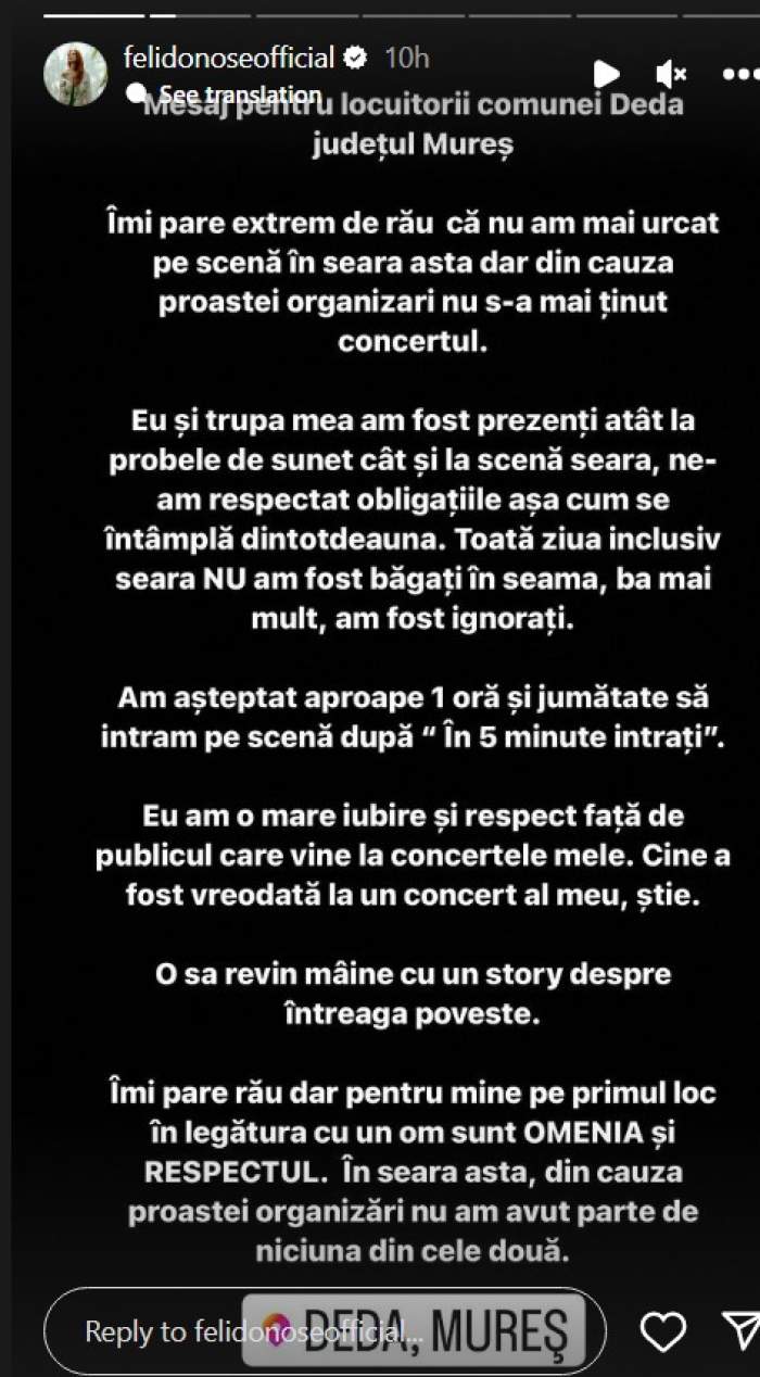 Feli Donose nu a mai urcat pe scenă la un concert. Artista și-a luat trupa și au plecat acasă, deși fanii îi așteptau să cânte