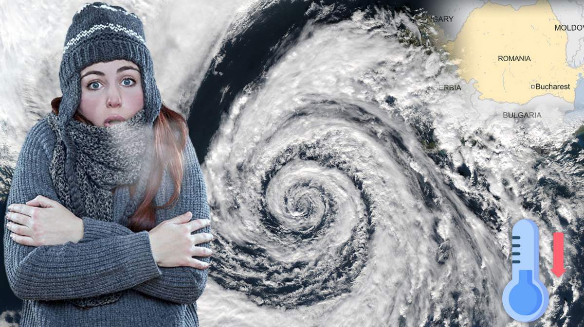 Machetă foto cu harta României, ciclon polar, termometru cu temperaturi scăzute și o femeie căreia îi e frig