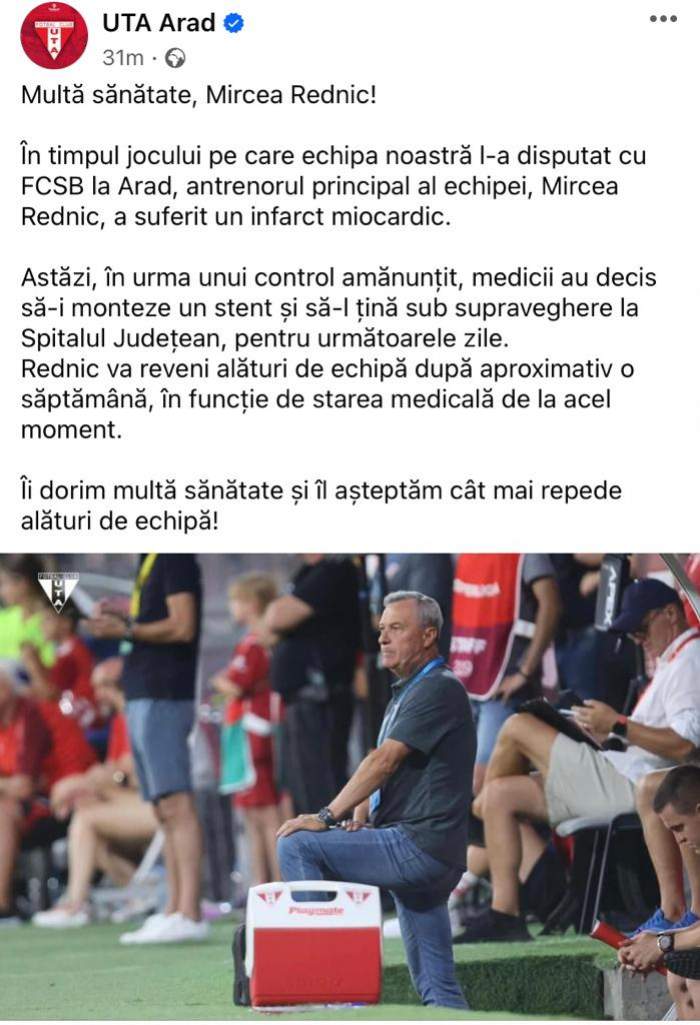 Mircea Rednic a suferit un infarct în timpul meciului cu FCSB. Antrenorul a fost operat de urgență