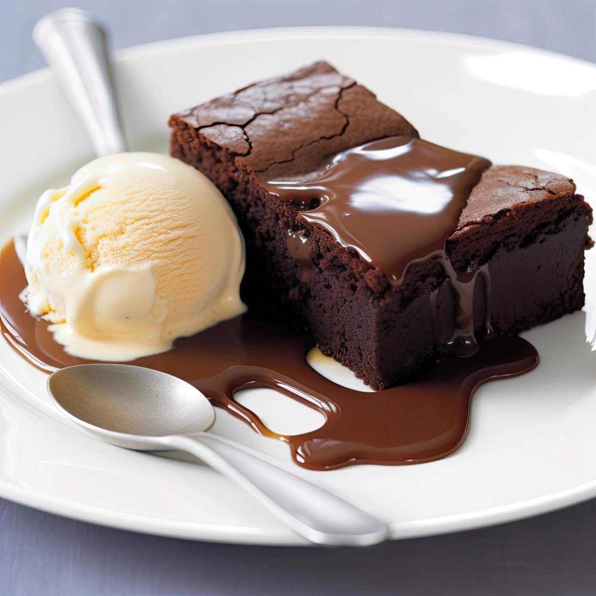 brownie cu inghetata si sos de ciocolata