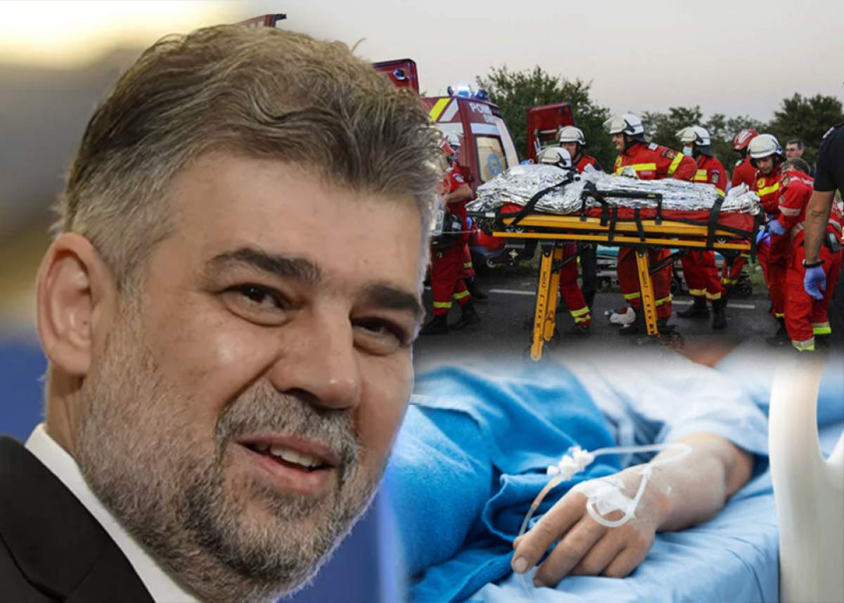 Machetă foto cu premierul Marcel Ciolacu și victimele rănite în exploziile din Crevedia