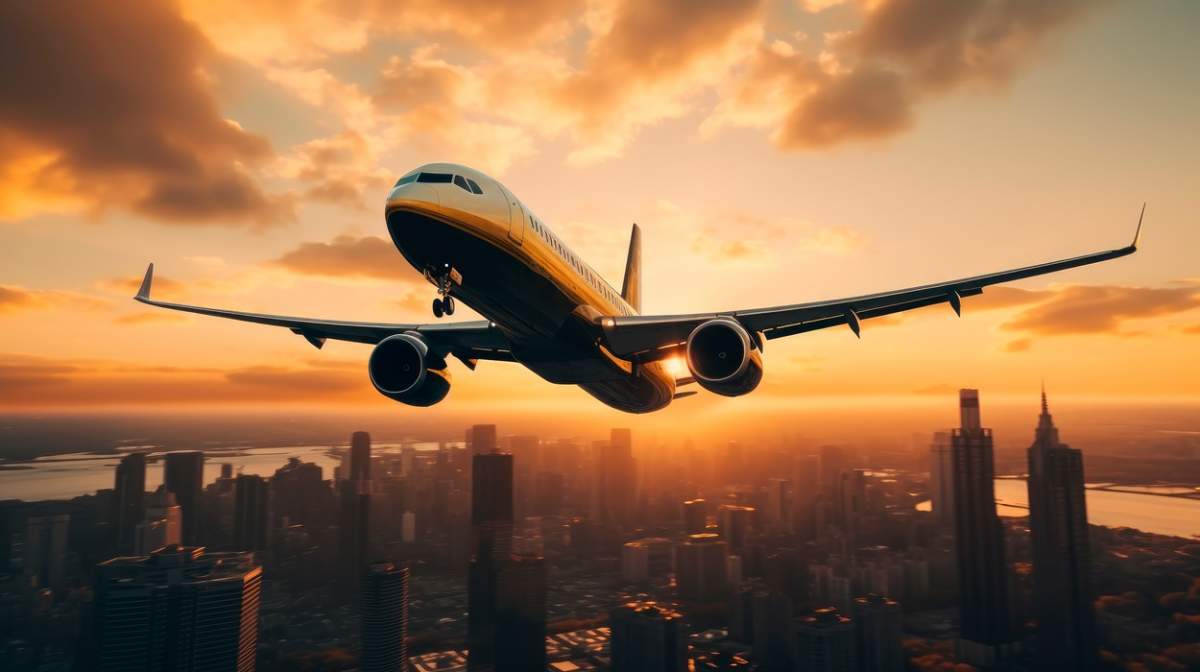 Avion pentru transport care zboară deasupra orașului de noapte pe fundal frumos apus de soare