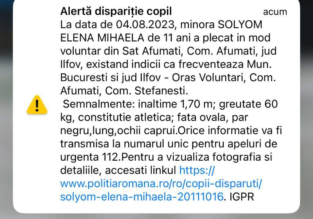 Ai văzut-o? Dacă da, anunță poliția. O copilă în vârstă de 11 ani din Afumați a fost dată dispărută. Elena Mihaela a plecat voluntar de acasă