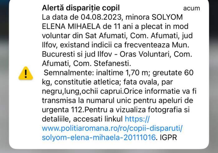 Ai văzut-o? Dacă da, anunță poliția. O copilă în vârstă de 11 ani din Afumați a fost dată dispărută. Elena Mihaela a plecat voluntar de acasă