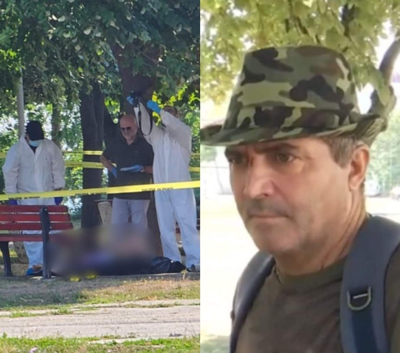 colaj din doua poze cu pescarulu care a găsit cadavrul fetei de sub bancă, în parcul din Mangalia