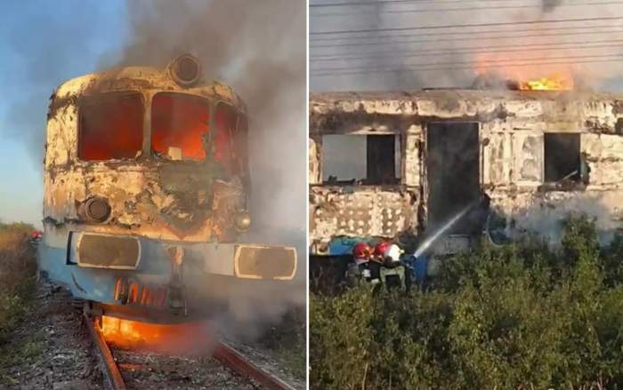 Colaj foto cu trenul care a luat foc în gara Oradea Vest