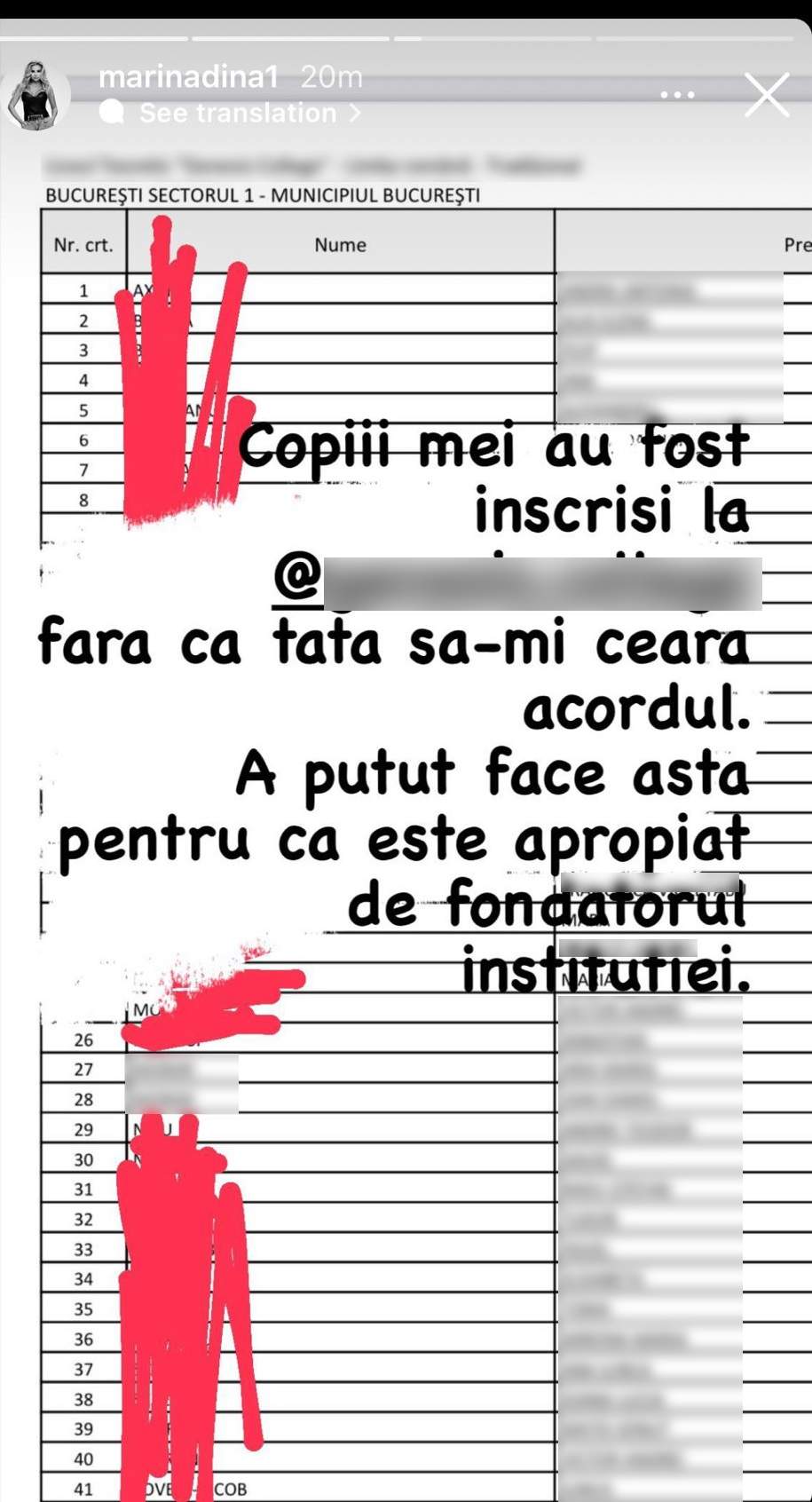 Marina Dina a aflat cu doar o zi înainte să înceapă școala că fetița și băiețelul ei au fost înscriși fără ca ea să știe. Susține că tatăl copiilor nu i-a cerut acordul