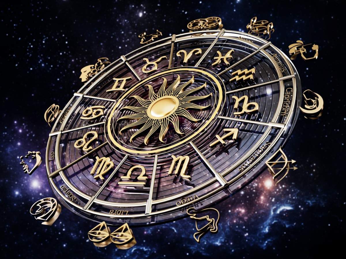 Roata horoscopului cu zodii și constelații ale zodiacului. Ilustrație 3D