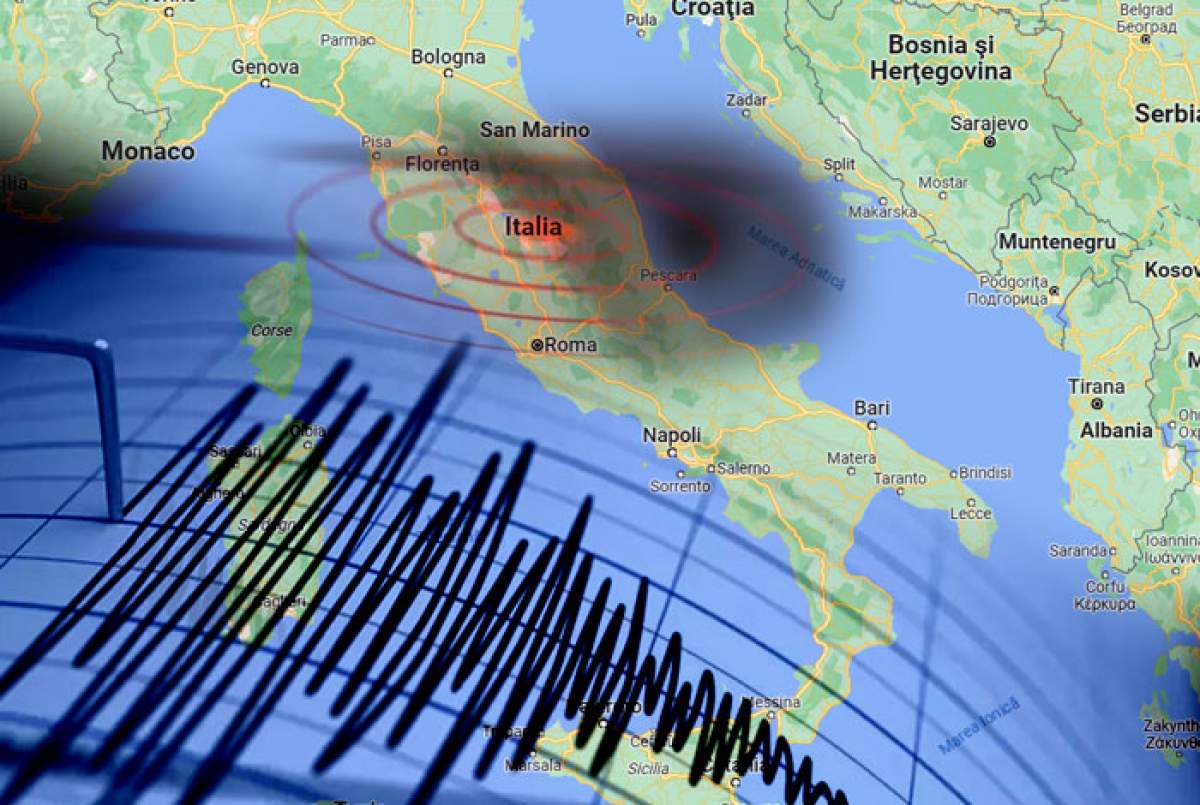 Machetă foto cu un cutremur și harta Italiei