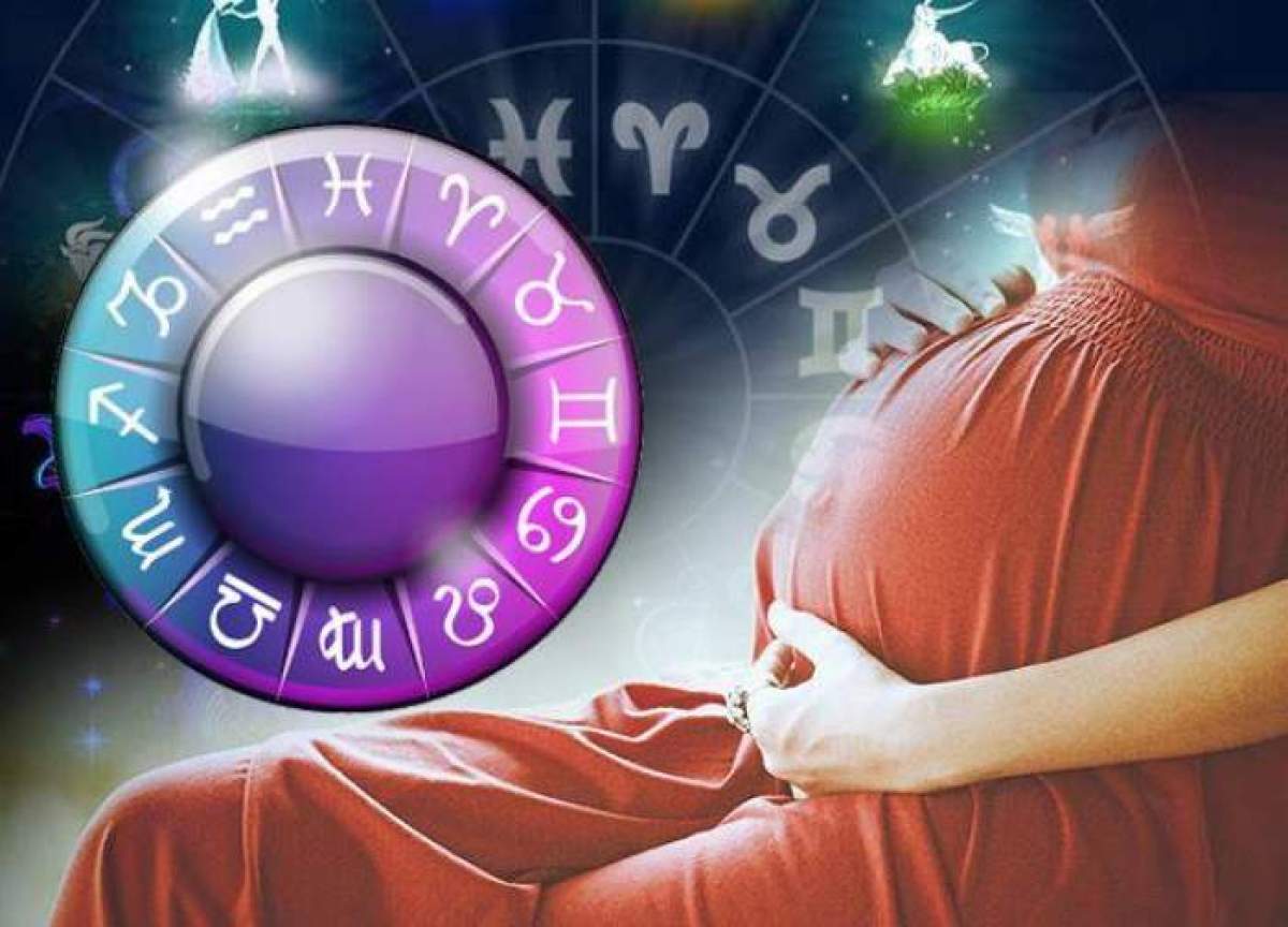 Machetă foto cu o femeie care este însărcinată și zodiile din horoscop