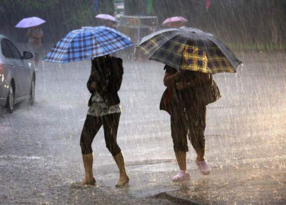 Doi oameni cu umbrele în ploaie
