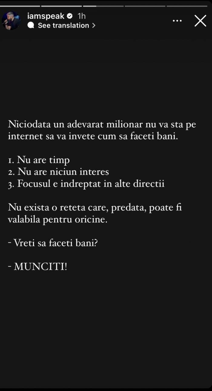 Speak, adevărul despre milionarii care dau lecții pe Internet. Ce mesaj a transmis artistul: „Să vă învețe cum să faceți bani...” / FOTO