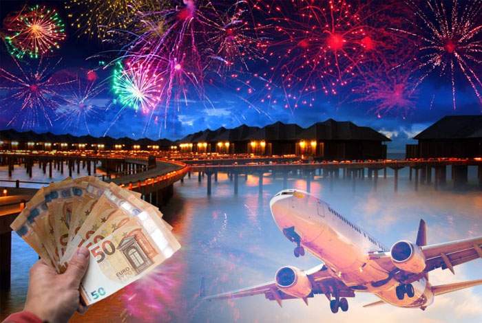 Machetă foto cu Maldive, avion, bani și artificii