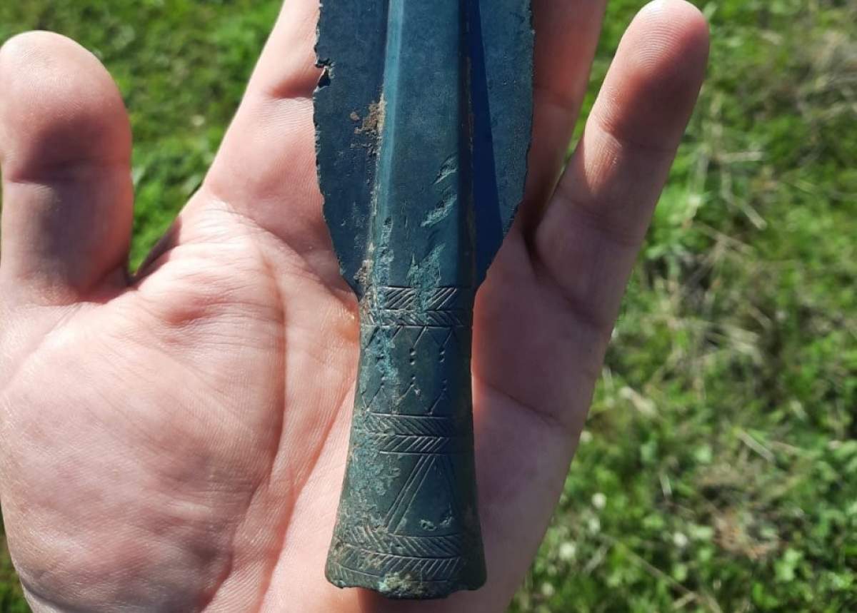 Bărbatul a descoperit trei vârfuri de lance. obiectul pe care l-a găsut în palma lui