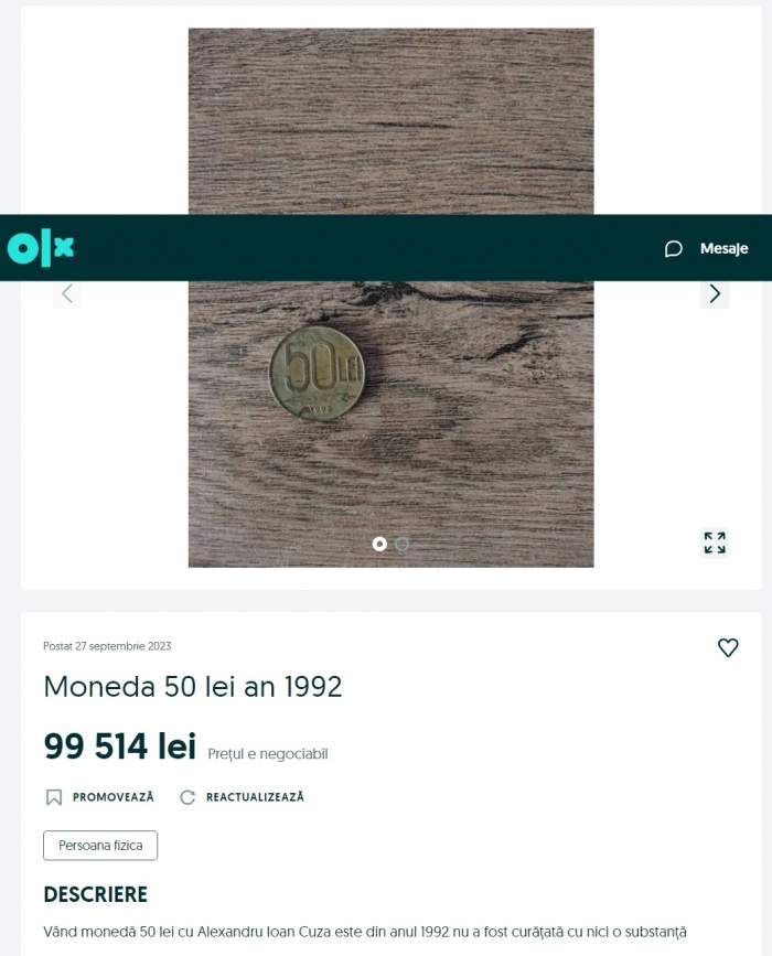 Anunț moneda de 50 de lei emisă în anul 1992, cu portretul lui Alexandru Ioan Cuza