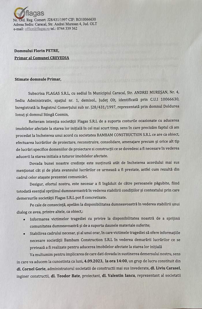 Mesajul transmis de Primăria din Crevedia, la o săptămână de la explozia stației GPL. Documentul nu conţine semnături olografe şi nici ştampilă / FOTO
