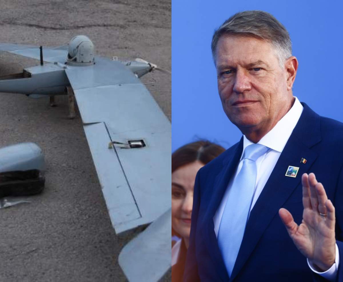 colaj din doua poze cu presedintele romaniei klaus iohannis si resturile dronei gasite in romania