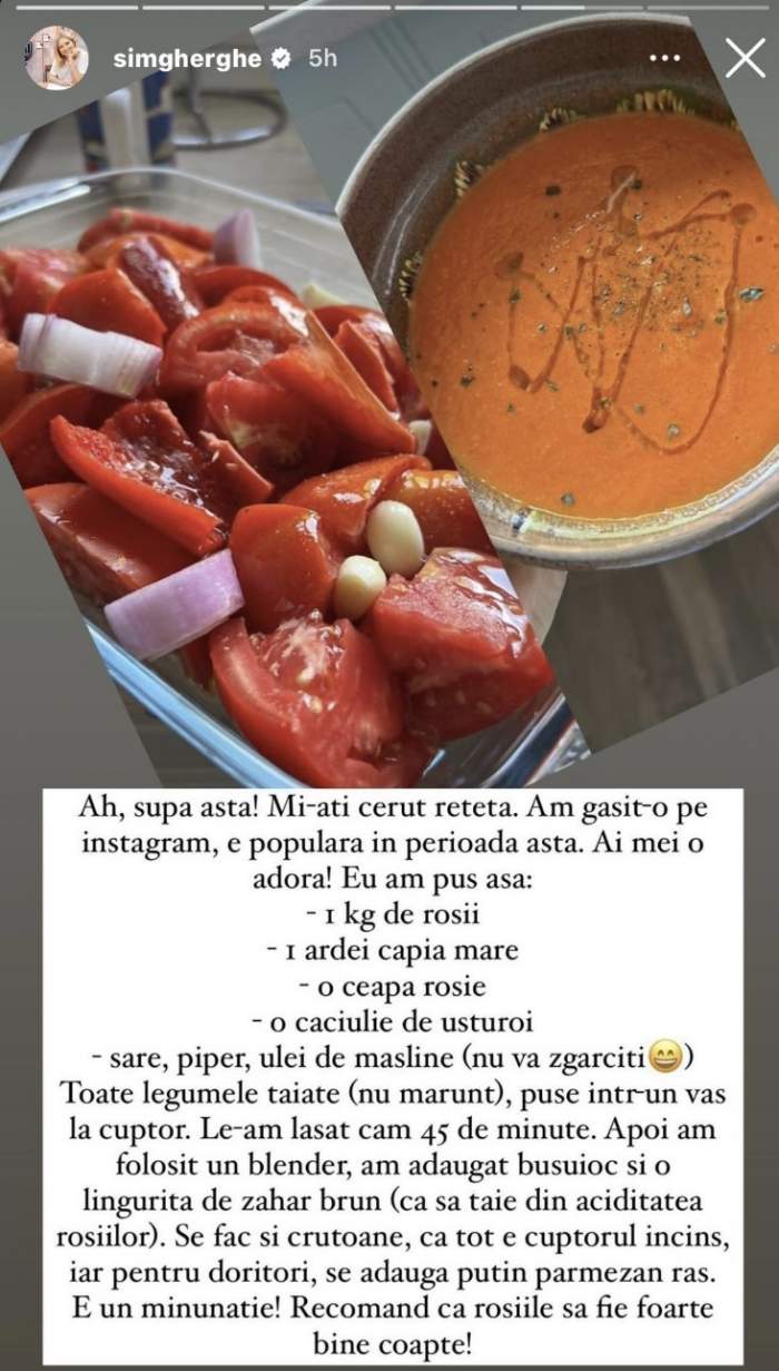 Rețeta de supă cremă de roșii a Simonei Gherghe. Secretul descoperit de prezentatoarea TV