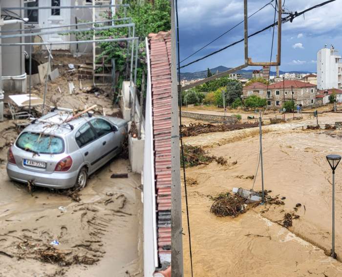 colaj din doua poze Orașul Volos, lovit de ploi record și inundații fulgerătoare, Grecia - 07 septembrie 2023