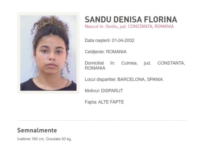 Semnalmente Denisei, românca de 21 de ani care a dispărut de pe aeroportul din Barcelona